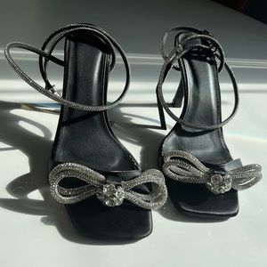 Square Toe Crystal Bow Kitten Heels